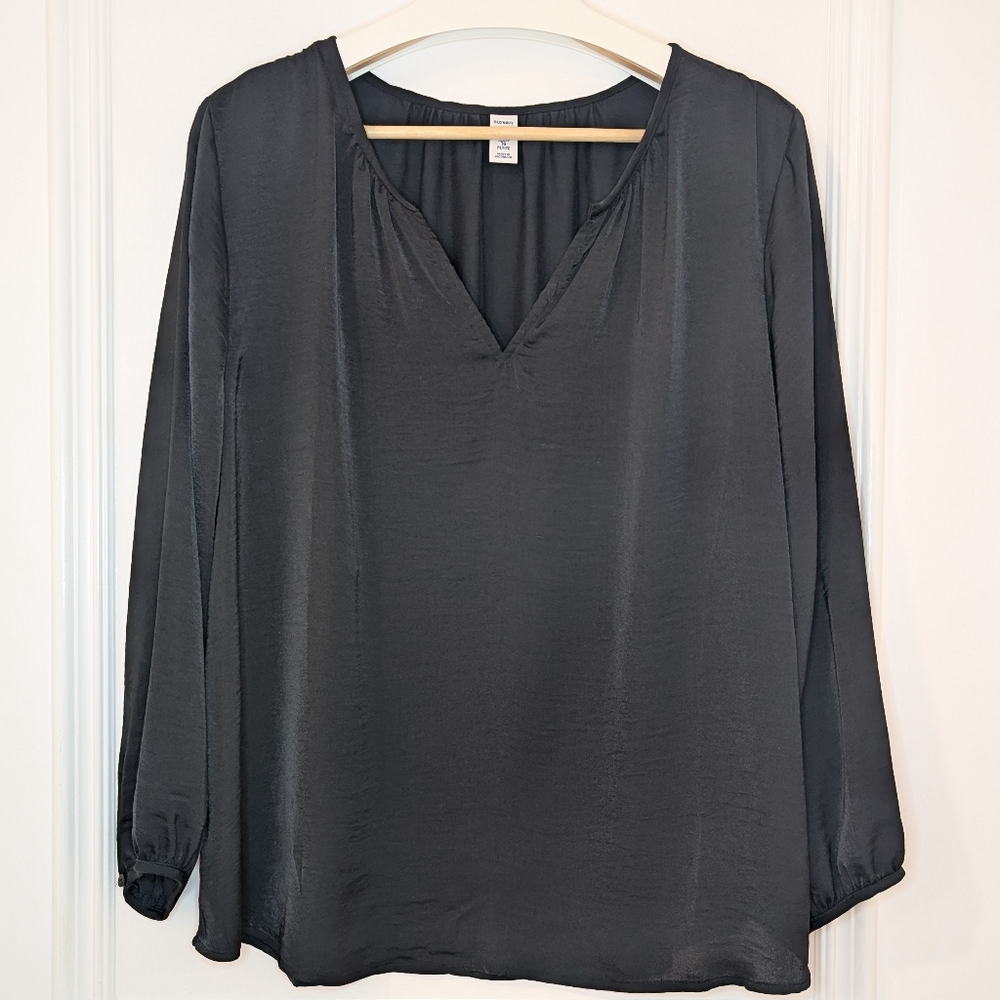 Old Navy Black Split-Neck Matte Satin Blouse